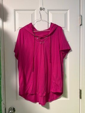 LIVI Active Women's Lace-Up Short Sleeve Hoodie Tunic Top (18/20, Pink)